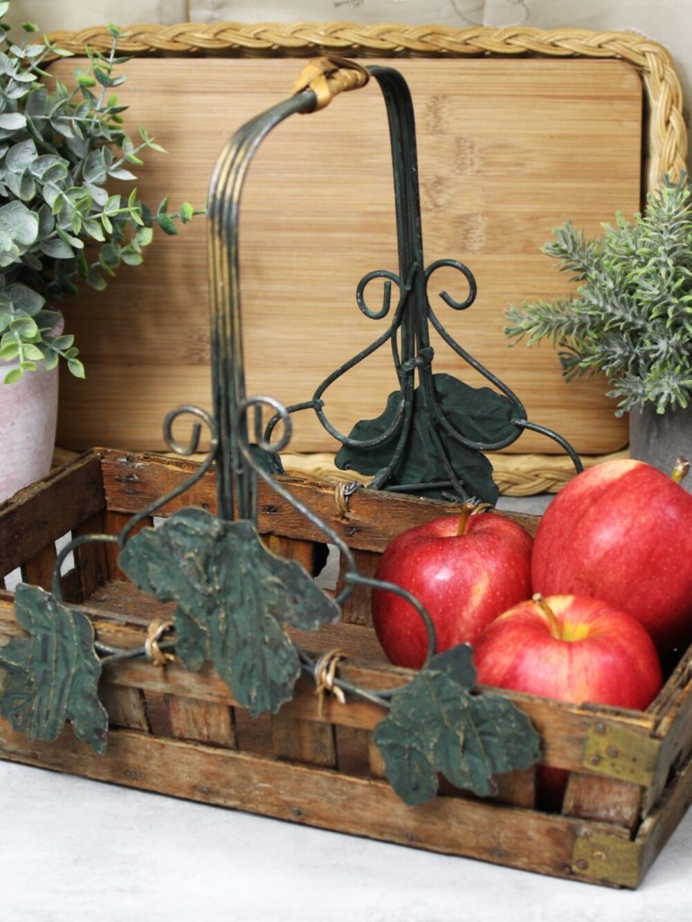 Vintage Chinese Wooden Slat Basket - Rustic Garden Trug - Brass Corners & Metal